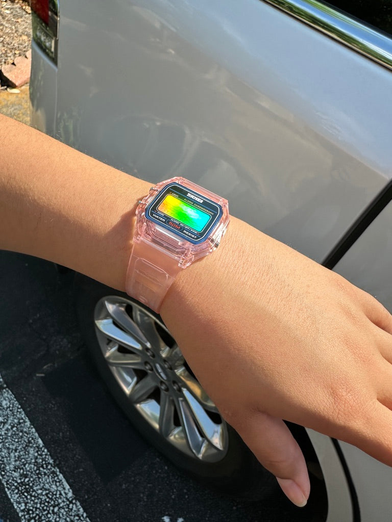 PINK Transparent Digital Watch – Rainbow Holographic Full Screen Mod - SKMEI