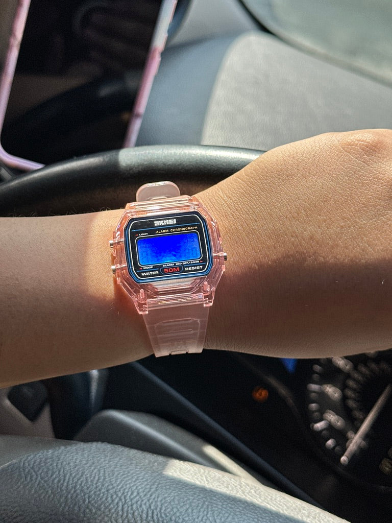 PINK Transparent Digital Watch – Rainbow Holographic Full Screen Mod - SKMEI