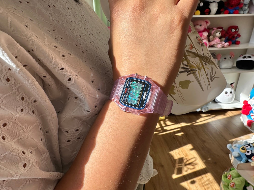 Purple Holo Watch - Rainbow Holographic Glitter Dots - Clear Jelly SKMEI Digital Watch